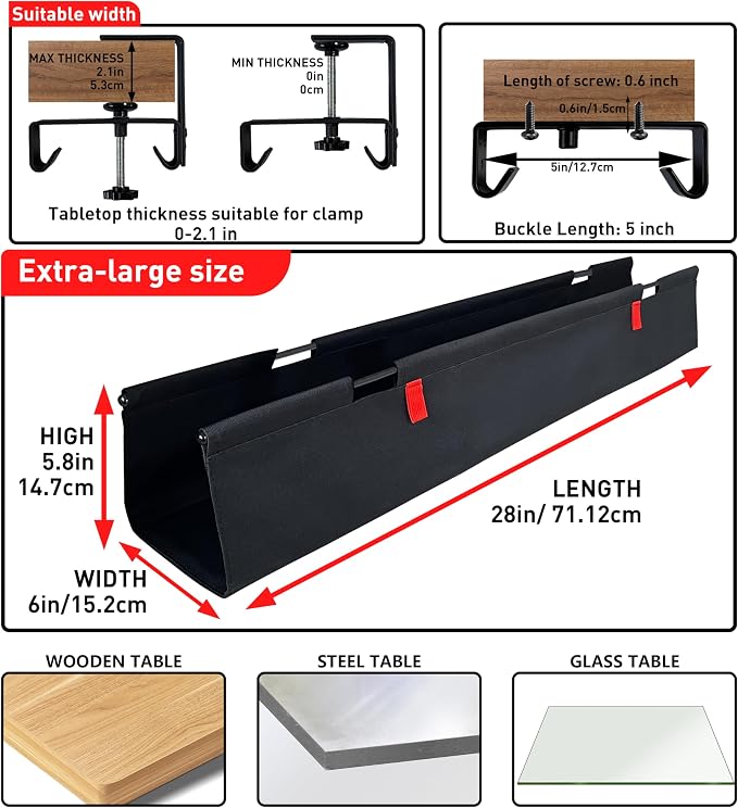 Under Desk Cable Management No Drill – 28" L x 6" W Cord Organizer, Upgraded Silicone Pads (No Scratch), 16 Cable Slots, Washable PE Honeycomb Base, Fits Desks 0–2.1" Thick, Black
