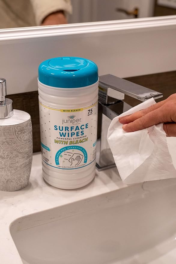 Juniper CLEAN 1 Pack Surface Cleaning Wipes with Bleach, All-Purpose Cleaner for Bathroom, Kitchen, Office, 75 Count Canister, 7.5" x 7" Sheet, Fresh Scent, Lint Free & Durable