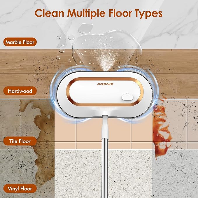 AlfaBot Cordless Electric Mop for Floor Cleaning, Dual Spin with LED Headlight, Water Spray, Long-Lasting Battery, Self-Propelled Floor Cleaner with Adjustable Tube for All Floors