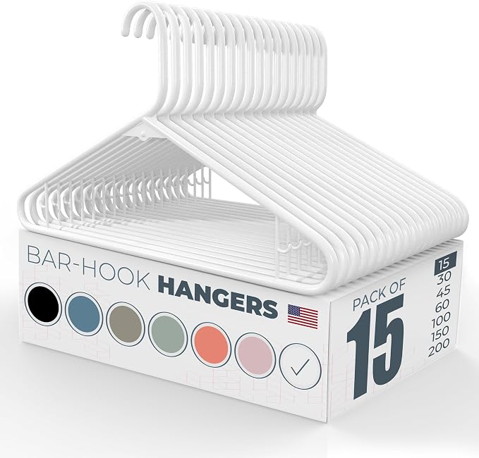 Plastic Hangers 15 Pack – Made in The USA – 6lb Capacity Standard Clothes Hangers with Strap Hooks for Dresses, Lingerie, Shirts, Pants, and Jackets – White