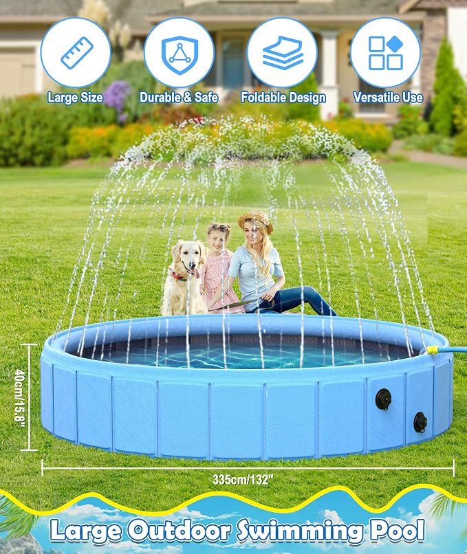 EPN Large Foldable Dog Pool – 0.55MM PVC 2-in-1 Portable Bathtub & Sprinkler for Dogs, Cats, Kids – Heavy Duty, Non-Slip, Summer Water Toy (132 in)