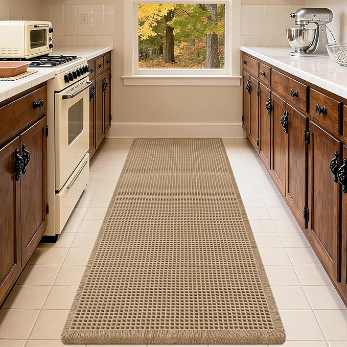 IM HOME Extra Large Waffle Bath Mat Blue 6'x2'(72" x 24"), Boho Woven Modern Bath Mat Rugs, Absorbent Non Slip Bathroom Rugs, Soft Washable Bath Rugs with Tassels for Bedroom, Kitchen, Shower, Tub