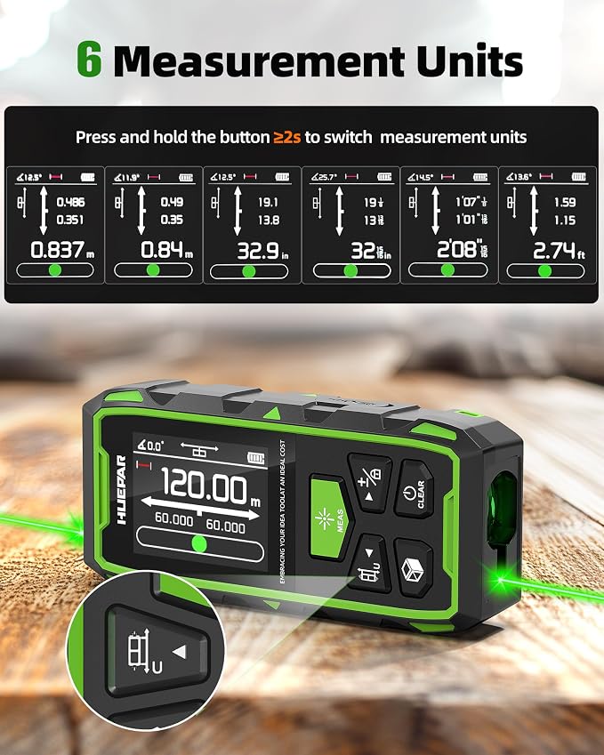 Huepar Dual Laser Measuring Tool, Fathers Day Dad Gifts, 393Ft Green-Beam Bilateral Digital Laser Distance Measure 6-Unit Ft/In/M, Rechargeable Laser Measurement Tool-Backlit LCD Display, Angle Sensor