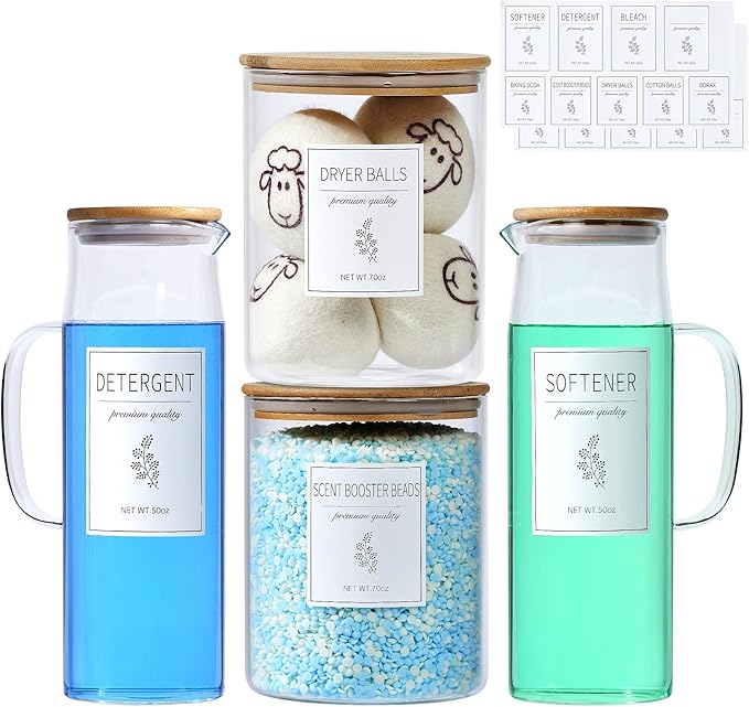 Glass Laundry Detergent Dispenser Set - 2x50oz & 2x70oz Borosilicate Containers with Bamboo Lids, Handle& Labels, Stores Powder,laundry pods,Fabric Softener, for Laundry Room organization and Decor