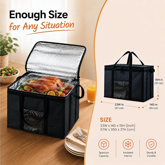 Insulated Food Bag, Portable Cooler Tote (3XL, Black, 4 Pack) | Large thermal bag, For cold & hot food, Soft sided cooler, Heavy duty carrier, Grocery shopping, Food delivery, Catering bag