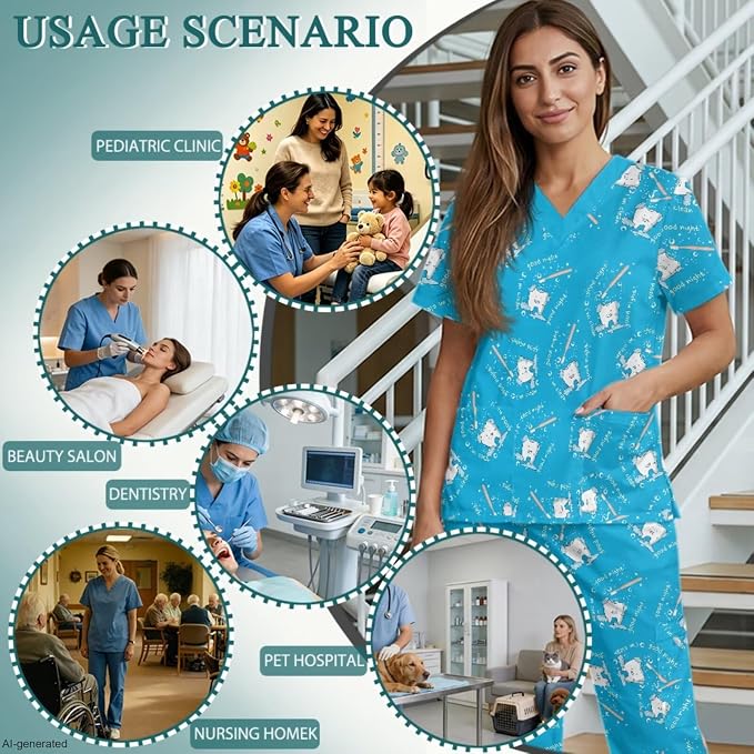 Gomyblomy Women's Scrubs Suit 3-Piece Set | Teeth Print V-Neck Top & Pants & Cap, Breathable and Stretch Fabric, S-5XL