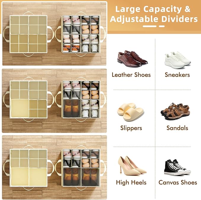NestOrganix 2 Pack Shoe Organizer for Closet, Large Shoe Box Storage Containers, Foldable Shoe Storage Organizer Box Bin with Adjustable Dividers and Clear Cover, Space Saving Shoes Holder, Beige