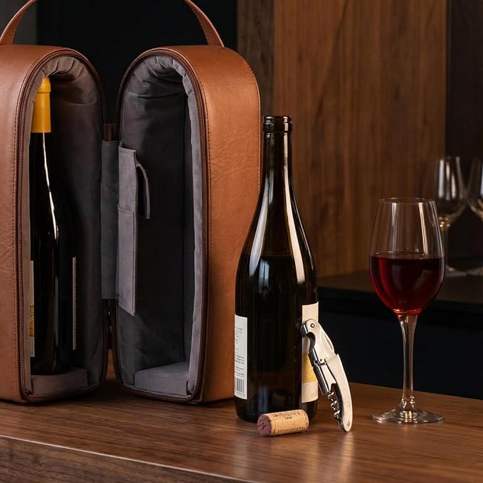 Bey-Berk Vino Brown Leather Double Wine Caddy, Two-Bottle Travel Case with Zipper Closure and Corkscrew Bar Tool