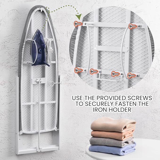 Ironing Board 36.2" x 12.2" Wall Mounted Compact Fold Down, Gray | Space-saving design, cotton cover, compact fit for laundry rooms and closets with Iron Holder