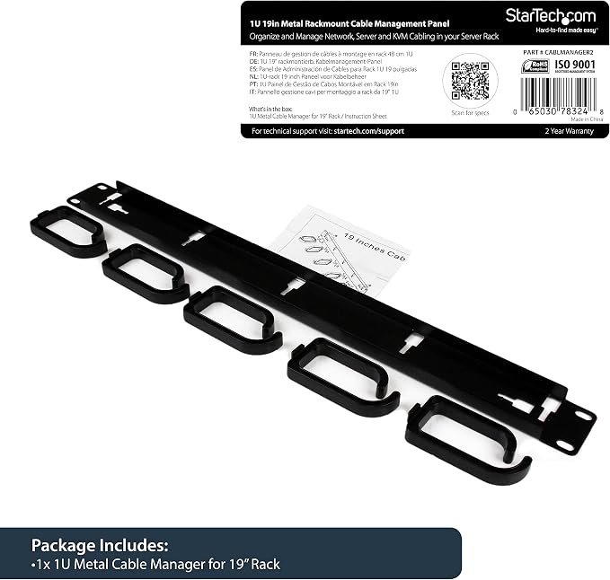StarTech 1U 19in Rack Cable Management Panel, D-Ring, Metal (CABLMANAGER2) | Horizontal or vertical wire manager, 3in ABS plastic hooks spaced 4in, Fits 2 or 4-post racks
