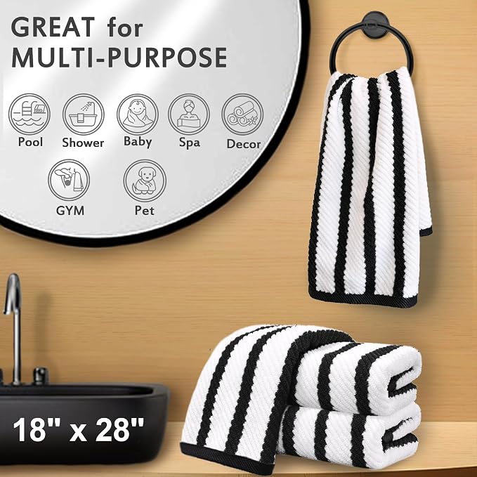 VOOVA & MOVAS Bathroom Hand Towels 4PC, 100% Cotton, 18x28 in, Black White | Quick Dry, Thick, Soft, Absorbency, Dorm Room Essentials Set, Suitable For Shower, Gym, Camping