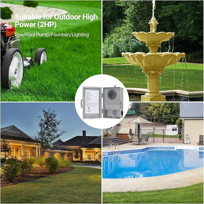 DEWENWILS Pool Pump Timer, Mechanical Timer Box Outdoor, Heavy Duty 2HP 40A 120-277 VAC, 24-Hour Programmable ON/Off Timeable Switch for Water Heater, Pool Pump, ETL Listed