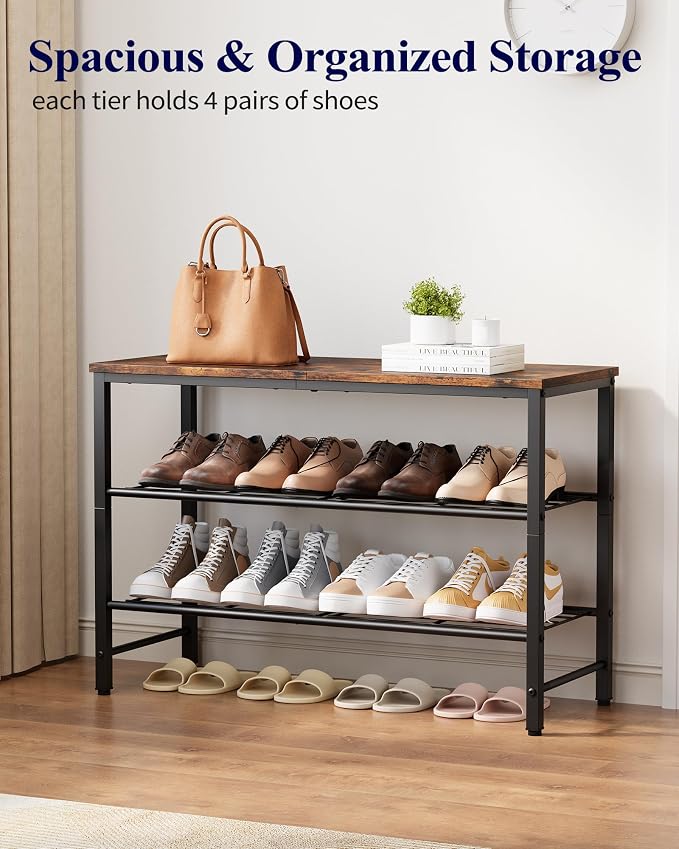Kitsure Shoe Rack for Closet, Rustic Brown Shoe Organizer with Leveling Feet, Sturdy & Rust-Proof Shoe Storage for Entryway, Bedroom, Living Room, 29.5" x 11.4" x 18.4", Brown