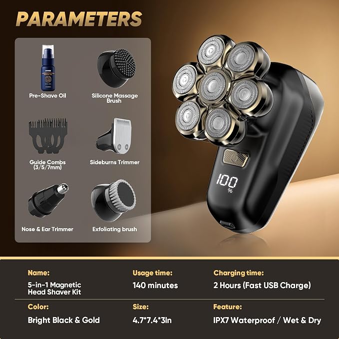 Head Shavers for Bald Men, Electric Razor with 7D Magnetic Shaver Heads, Wet Dry Waterproof Bald Head Trimmer Kit for Women & Men, Nose Ear Hair Trimmer, USB Rechargeable Clippers, Bright Black