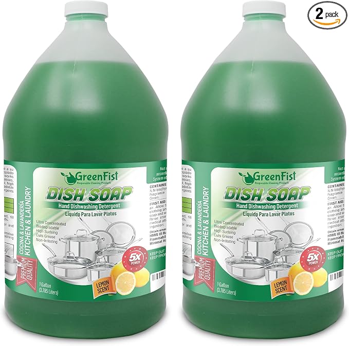 GreenFist Green Dish Soap [ Lemon Scent ] Manual Pot & Pan Professional Detergent Liquid Refill Pot & Pan Dish-Wash, 128 ounce (1 Gallon) 2 Pack