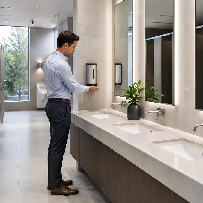 Automatic Wall-Mount Soap Dispenser, 800 mL Stainless Steel | Touchless 800 mL wall dispenser with viewing window, keyed lock and low-liquid indicator; requires 6 AA batteries.