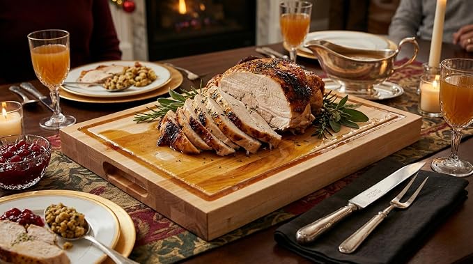 15 in. x 20 in. Maple Wood Cutting Board, Reversible with Juice Groove and Smooth Side, Thick Butcher Block Style Prep Board with Built-In Handles for Kitchen, BBQ, Meat Carving and Serving