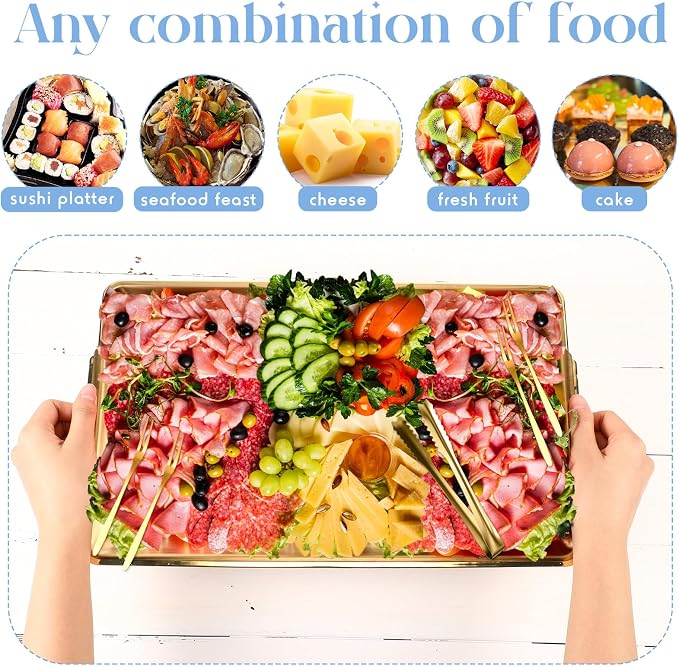 2 Set 16 x 9.45 Chilled Serving Tray for Parties with Compartments Ice Chilled Party Platter Charcuterie Serving Board with Forks Tongs for Fruit Seafood Vegetable Appetizer (Gold)