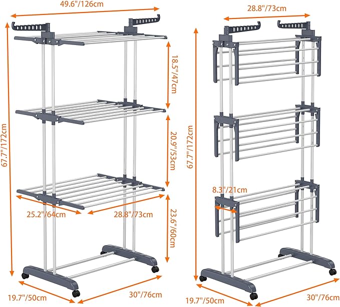 HOMIDEC Clothes Drying Rack, Oversized 4-Tier(67.7" High) Foldable Stainless Steel Drying Rack Clothing, Movable Drying Rack with 4 castors, 24 Drying Poles and 14 Hooks for Bed Linen, Clothing, Grey