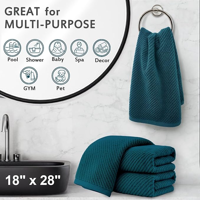 VOOVA & MOVAS Hand Towels 4PC, 100% Cotton, 18x28 in, Deep Turquoise | Thick, Quick Dry, Soft, Absorbent, Bathroom Essentials, Perfect For Shower, Spa, Daily Household