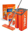 Macromax Flat Mop and Bucket Set with 1 Refill – 100% Microfiber Mop with Dual Wet & Dry Use – Slim Design for Corners & Under Furniture – Easy-Squeeze Bucket for Hardwood, Tile & Laminate Floors