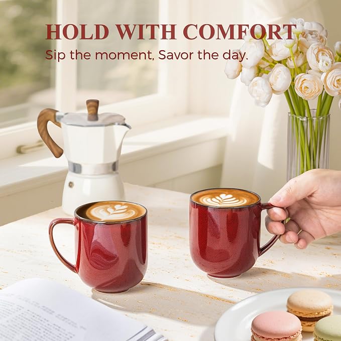 LERATIO Ceramic Coffee Mugs Set of 6,12oz Handmade Coffee Mugs Set | Large Handle for Cappuccino/Latte/Tea/Hot Cocoa,Oven &Dishwasher & Microwave Safe-Red