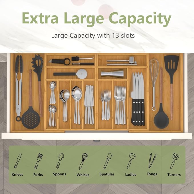Suli Large Silverware Drawer Organizer, Adjustable Kitchen Flatware for Forks Knives and Spoons, Bamboo Cutlery Utensil Holder, Expandable from 22in-37in, Natural Bamboo