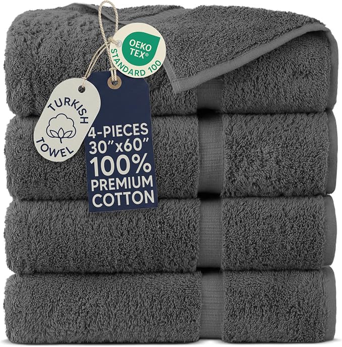 Towel Bazaar 4-Piece Extra Large Bath Towel Set, 100% Premium Cotton Turkish Towels, 30x60 Luxury Towel Super Soft and Absorbent, Perfect Use for Bathroom, Shower Towels - Dark Gray