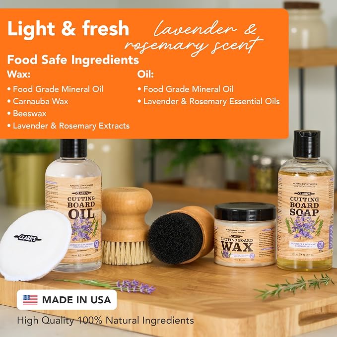 CLARK'S Food Grade Cutting Board Full Care Kit, Lavender Scent - 6 Pack | Includes Food Grade Mineral Oil, Cutting Board Wax & Cleaner, Oil & Wax Applicators, Buffing Pads - Restores & Protects