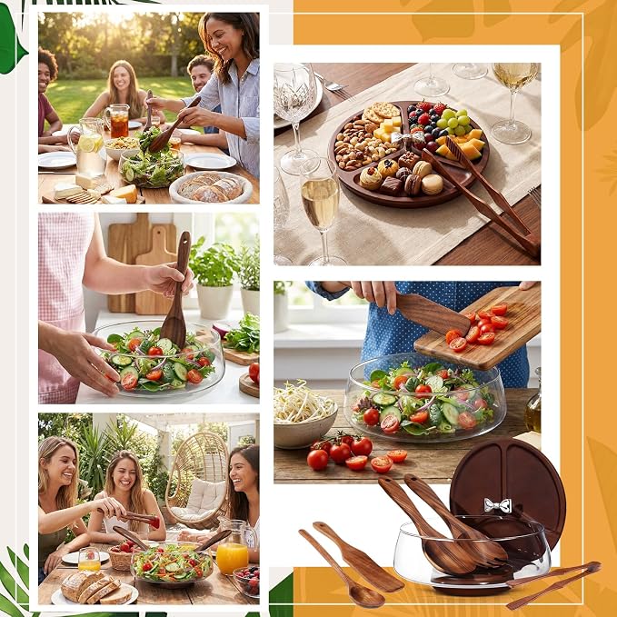 Hushee Large Glass Salad Bowl Set, Party Salad Bowl with Wood Base and Lid as Cheese Charcuterie Board and Plate, Comes with 5 Pieces of Elegant Wood Serving Utensils