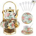 20 Piece Porcelain Tea Set with Metal Holder European Floral Pattern Tea Pot Tea Cup Tea Saucer Teaspoon for Women Adult Tea Party Large Version