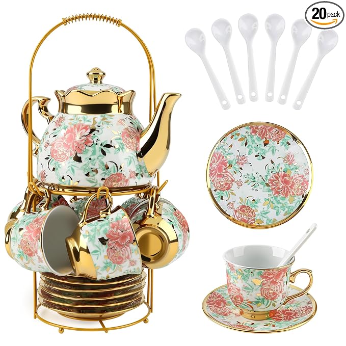 20 Piece Porcelain Tea Set with Metal Holder European Floral Pattern Tea Pot Tea Cup Tea Saucer Teaspoon for Women Adult Tea Party Large Version