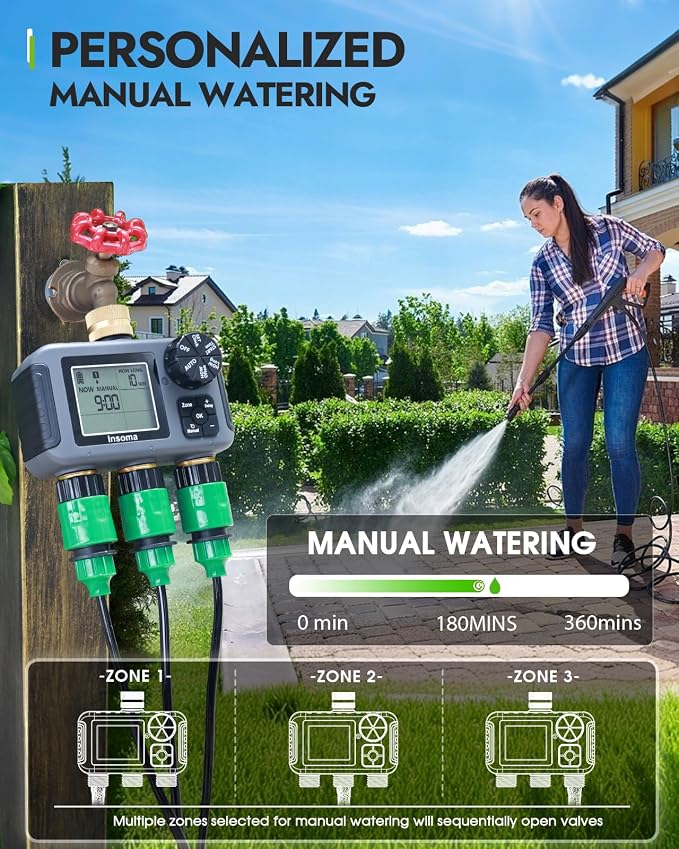 Insoma 3 Outlets Sprinkler Timer, Brass Inlet and Outlet | Automatic Irrigation/Manual Mode Optional | Large LCD + Rain Delay | IPX5 Waterproof, Water Hose Timer for Lawn, Garden, Pool