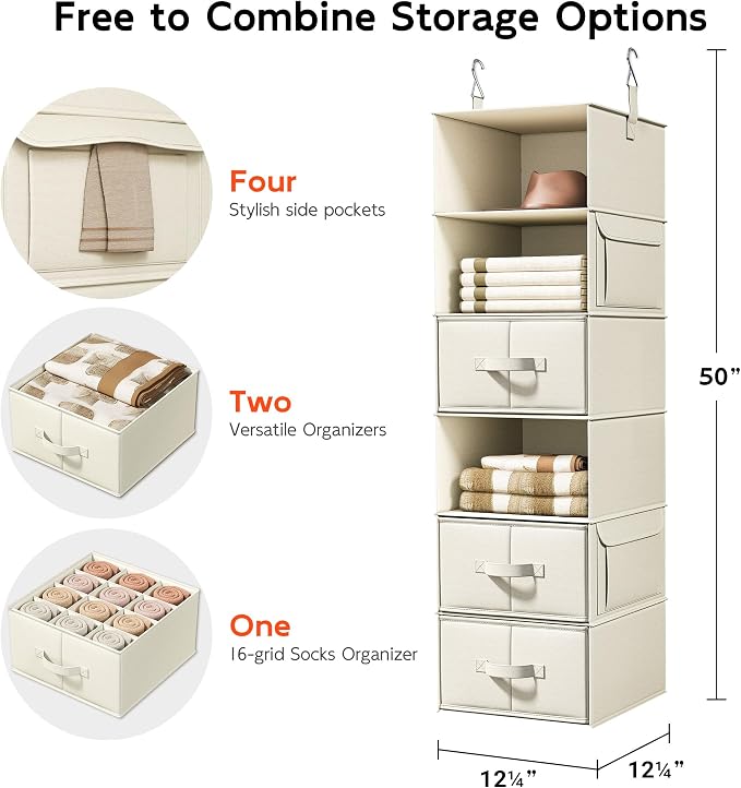 Vailando 6-Shelf Hanging Closet Organizer with 3 Drawers, 6-Shelf Inseparable Closet Organizers and Storage for Wardrobe Organization, Hanging Dresser for Nursury & Dorm Clothes Organizer, Beige
