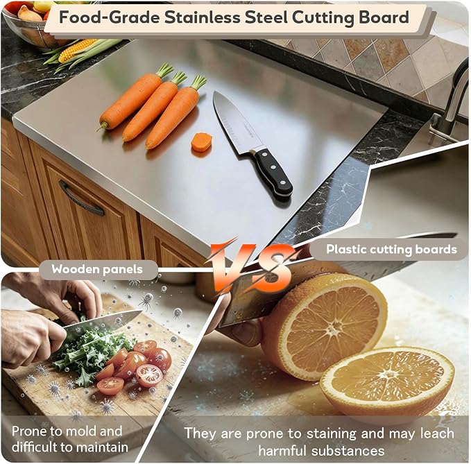 2PCS Large Stainless Steel Cutting Boards with Lip, Kneading Cutting Board Mats, Metal Cutting Board for Meat, Fruits, Vegetables, Bread, Baking, Non Adhesive (19.75" x 15.75", 15.75" x 11.5")