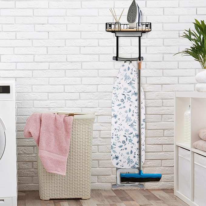 TJ.MOREE Ironing Board Hanger Metal Wall Mount Iron and Ironing Board Holder, Laundry Room Decor and Storage with Large Storage Black Wooden Base Basket and Removable Hooks
