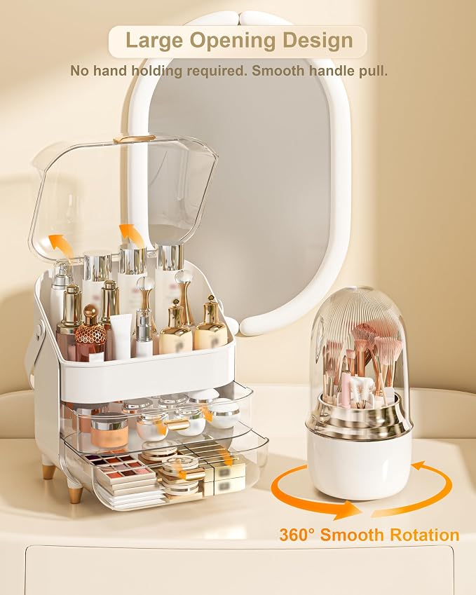 Makeup Organizer Countertop, Skincare Holder Bathroom Counter Organizer, Storage Box Cosmetic Display Cases, Teen Girl Gifts Make up Organizers (White/Brush)