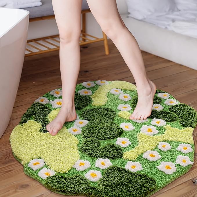 YIKUSH Moss Bath Mat Green Bathroom Rug with Small White Flowers Non Slip Door Mat for Bedroom and Kitchen Soft Washable Rug Floral Nature Bathtub Mat