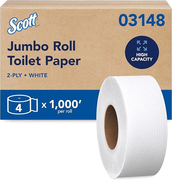 Scott Professional High-Capacity Jumbo Roll Toilet Paper, Bulk (03148), 2-Ply, Septic Safe, White, Non-Perforated, Compact for Easy Storage (4 Rolls at 1,000' Each, 4,000'/Case)