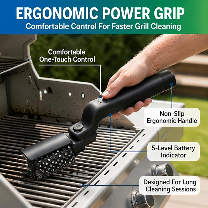 Electric Grill Brush, Cordless Rechargeable BBQ Grill Cleaner with High Torque Motor, Stainless Steel Bristles, Adjustable Angle, Heavy Duty Cleaning Tool for Grill Grates