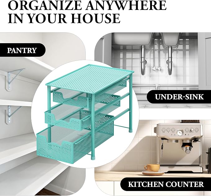 Simple Houseware Stackable 3 Tier Sliding Basket Organizer Drawer, Turquoise