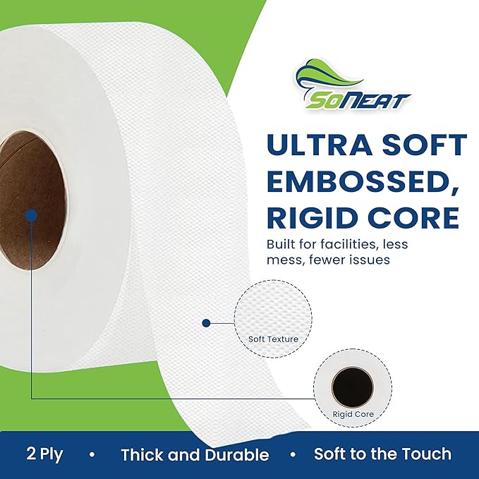Commercial toilet paper - Jumbo toilet paper rolls -4,800 FT Industrial 2-Ply 9” Bulk Large Roll for Standard Jumbo Dispenser -100% Recycled Fibers-Soft and Absorbent Bathroom Tissue -6 Roll Case Pack