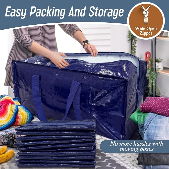 6 Pack Extra Heavy Duty Large Moving Bags with Strong Zipper, Dark Blue | Comfortable Handles, Sturdy & Durable Clothes Storage Bags Totes Bins, Blue Packing Moving Boxes for College Supplies