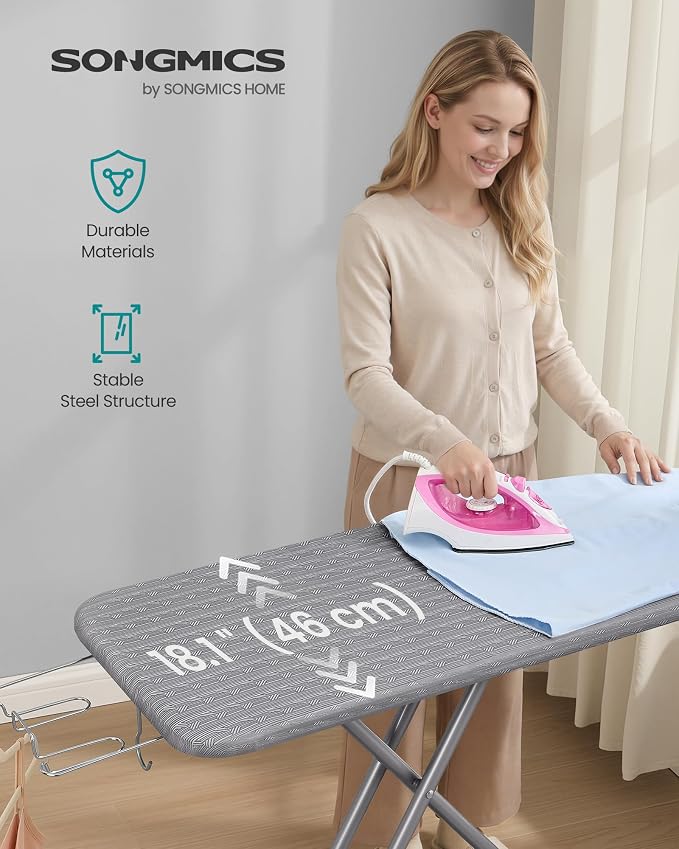 SONGMICS Full Size Ironing Board, Steel Frame with Cover and Sponge Pad, Foldable Standard Ironing Board with Iron Rest, 49.2 x 18.1 x 35.4 inches, Gray, Borix Collection ULLB100G101S