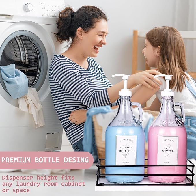 2 Pcs Glass Liquid Laundry Detergent Dispenser, Half Gallon Dispenser for Laundry Room (64 oz. Each), Laundry Detergent Bottles with Pump Dispenser -Includes Labels, Measuring Cups,Wooden Stand