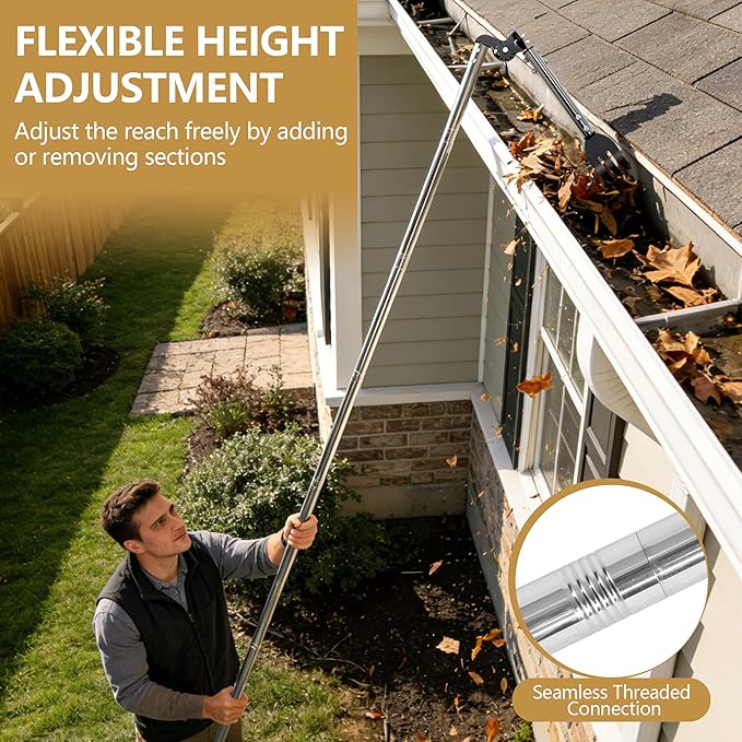 12FT Gutter Cleaning Tools from the Ground with Dual-Axis Adjustment | Spring Steel Gutter Cleaner Tool, Adjustable Length Cleaning Pole with Gutter Rake for Leaves, Muck and Roof Debris