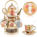 Zhehao 20 Pcs Porcelain Tea Set with Metal Holder and Spoon Adult Ceramic Tea Set European Flower Painting Teapot Cup Saucer Spoon for Women Mom Gift, Large Version (Stylish Style)