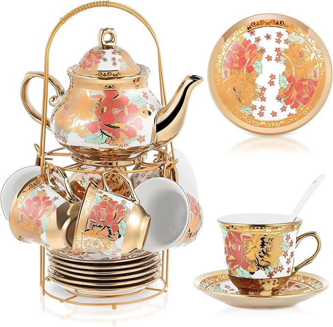 Zhehao 20 Pcs Porcelain Tea Set with Metal Holder and Spoon Adult Ceramic Tea Set European Flower Painting Teapot Cup Saucer Spoon for Women Mom Gift, Large Version (Stylish Style)