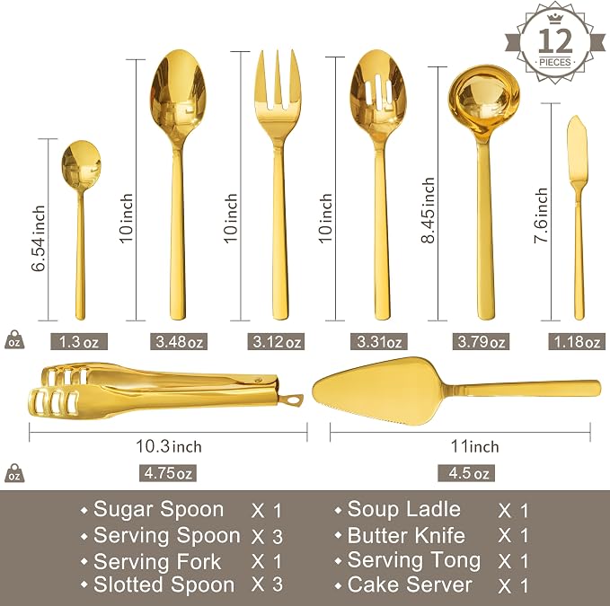 16 piece Large Hostess Serving Utensils Set,18/10 Stainless Steel | Heavy Duty Serving Spoons, Slotted Spoons, Forks, Tongs, Cake Pie Server, Butter Knife,Sugar spoon for Buffet, Wedding, Party