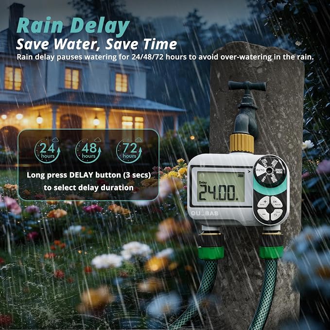 QUOBAS Brass Sprinkler Timer, Programmable Water Hose Timer for Garden Hose Faucet with Waterproof LCD Screen, Rain Delay/Manual/Automatic Irrigation Watering System for Garden, Lawn, Yard - 2 Zone